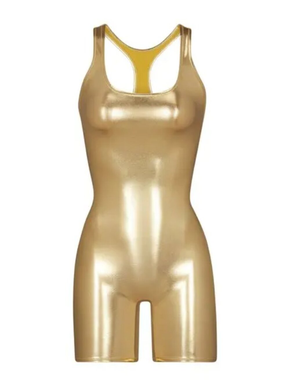 NWOT SKIMS Metallic Swim Cycle Suit Gold Racerback Mid-Thigh Size S Org $128